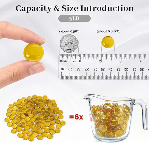 Miniatura 2 de FUTUREPLUSX Canicas de vidrio plano de 5 libras, cuentas de relleno de jarrón amarillo ámbar, gemas planas, piedras de vidrio decorativas