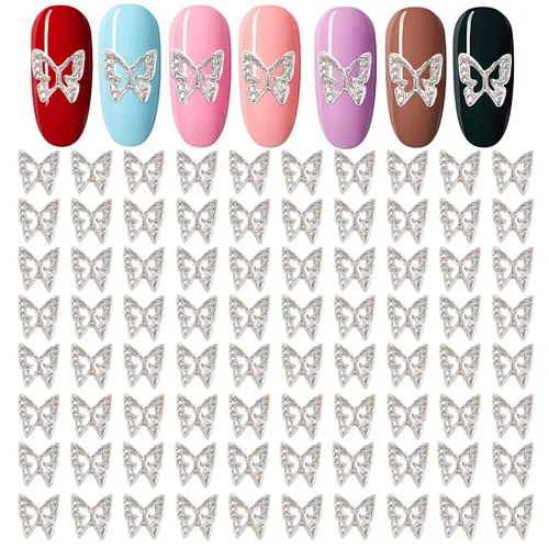 WOKOTO 100 dijes de uñas de mariposa plateada para uñas acrílicas, joyería de mariposa 3D, joyería de uñas para uñas acrílicas, arte de mariposa 3D,