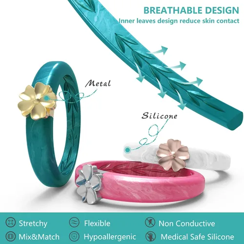 Miniatura 32 de Zollen Anillos de silicona para mujer, 1/3 paquetes de alianzas de boda de silicona, forma de flor, anillos de goma, colección de flores para mujer