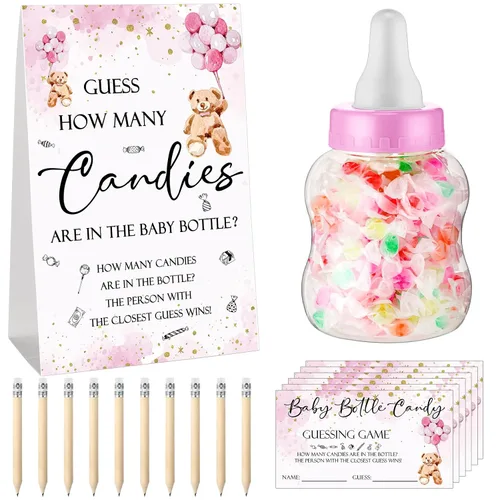 Miniatura 11 de Roowest 62 piezas de Baby Shower Games Guess How Many Candies Are in the Jar Signal, 50 pequeños juegos de adivinanzas, 10 lápices HB y botella