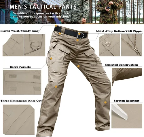 Miniatura 23 de Hiwise Pantalones tácticos elásticos para hombre, resistentes al agua, pantalones cargo Ripstop, ligeros para exteriores, pantalones de senderismo