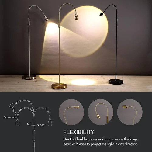 Miniatura 5 de O’Bright Ray – Lámpara de pie ajustable con haz LED, foco regulable y con zoom, cuello de cisne flexible, lámpara de pie para lectura/manualidades