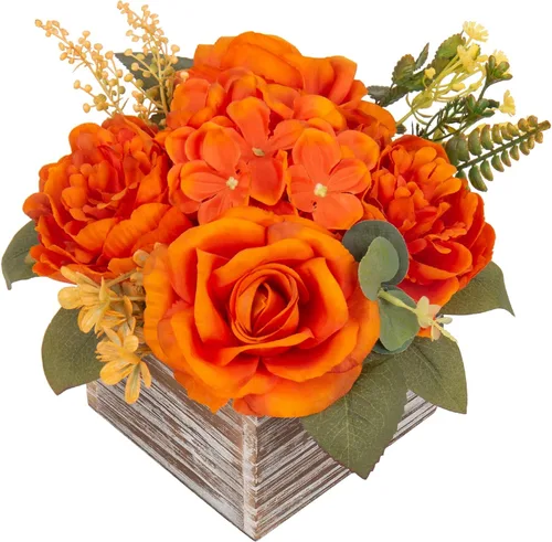 Miniatura 14 de DILATATA Arreglo floral con jarrón de madera, flores artificiales de 10 pulgadas en maceta, flores falsas en jarrón rectangular de madera blanco