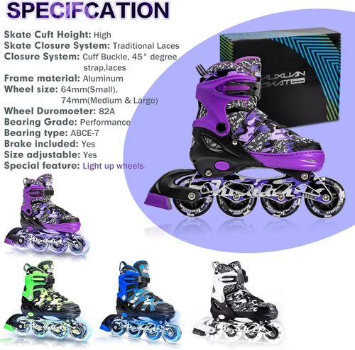 Miniatura 7 de Kuxuan Patines en línea ajustables para niños con ruedas iluminadas, divertidos patines iluminadores para niños, niñas y jóvenes Púrpura
