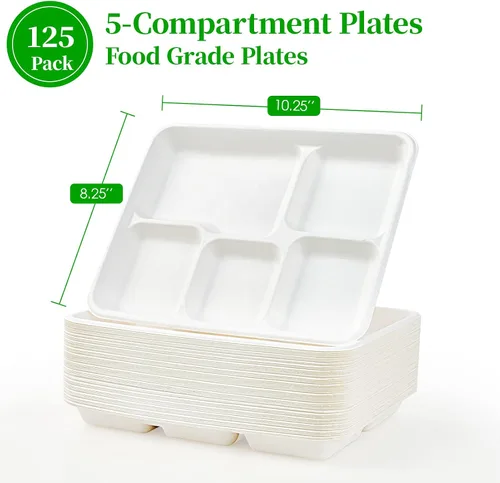 Miniatura 3 de ECOLipak Platos 100% compostables de 5 compartimentos, paquete de 125 platos de papel desechables, platos de caña de azúcar biodegradables de alta