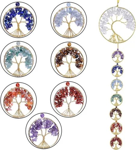 Miniatura 3 de SUNYIK Árbol de la vida de 7 chakras, adorno colgante decorativo para oficina en casa, campanillas de viento de cristal curativo para interiores