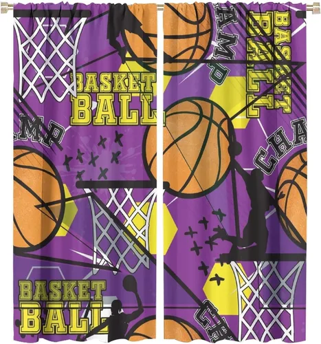 Miniatura 11 de Cortinas deportivas de baloncesto para niños, patrón de llama de bola 3D naranja, 42 pulgadas de ancho x 45 pulgadas de largo