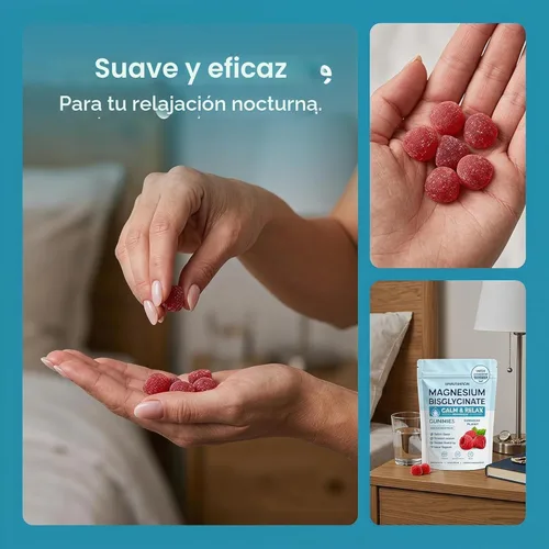 Miniatura 3 de Gomitas de bisglicinato de magnesio, 400 mg de quelato de bisglicinato de magnesio con sal marina y polvo de frambuesa, apoya el sueño