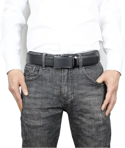 Miniatura 2 de Cinturón de vestir ajustable con trinquete para hombre, cuero negro, ribete para adaptarse
