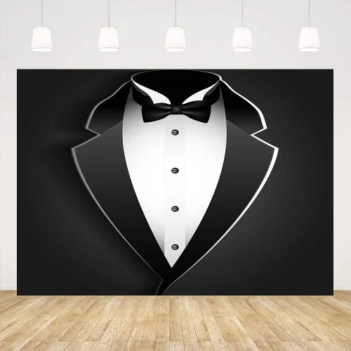Miniatura 15 de BJRLEM998 - Telón de fondo de esmoquin negro de 3 x 5 pies para hombre, traje de pajarita en blanco y negro, traje de lujo, cumpleaños, cena