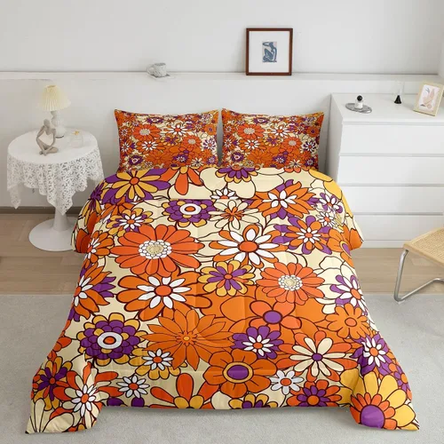 Miniatura 12 de Juego de ropa de cama con estampado floral bohemio, tamaño individual, diseño retro de flores groovy, 60S y 70S, juego de edredón de flores hippie