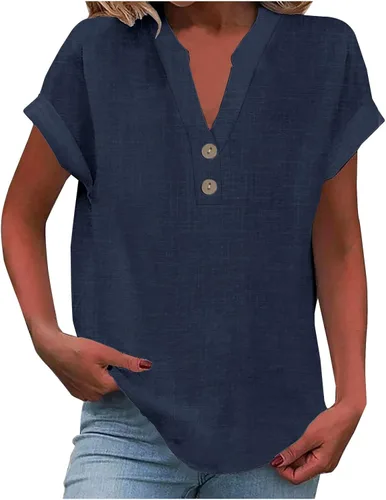 Miniatura 20 de Camisas de lino para mujer 2025 verano casual cuello en V botón abajo manga corta tops moda cómodo negocio trabajo blusas, beige (A-Beige)