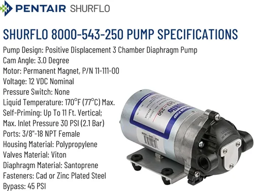 Miniatura 3 de PENTAIR SHURFLO 8000-543-250 Bomba de diafragma de 12 V CC de alto caudal, 1.8 GPM 50 PSI, derivación interna resistente a productos químicos