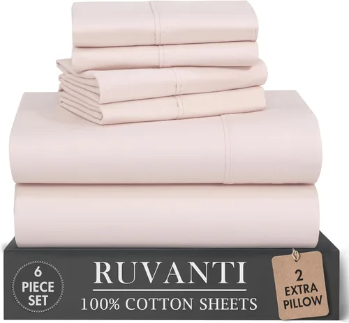 Miniatura 10 de RUVANTI 6 Piezas Sábanas de Algodón - 100% Algodón Natural Suave, Ligeras y Transpirables Sábanas de Percal Crujiente, Sábanas de Cama Tamaño Full