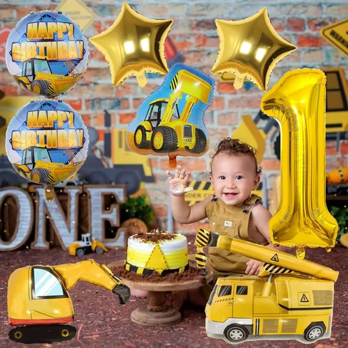 Miniatura 2 de Globos de construcción para el primer cumpleaños, 9 globos dorados de 40 pulgadas con el número 1 para excavadora grande, camión volquete, grúa