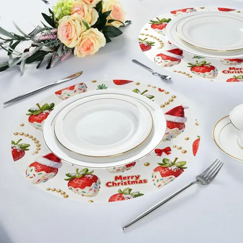 Miniatura 5 de Merry Christmas Red Strawberry Round Place mat Christmas Reversible Quilted placemat individuales para mesa de comedor Rose Gold 15.4x15.4in Set of 6