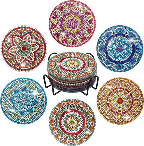 Temlum 6 posavasos de pintura de diamante con soporte, kits de posavasos de diamante mandala para principiantes, kit de pintura de diamantes