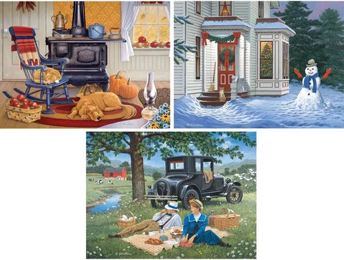 Miniatura 2 de Bits and Pieces - Juego de 3 rompecabezas de 300 piezas grandes para adultos, rompecabezas con temática de estaciones, diseñados por el artista John