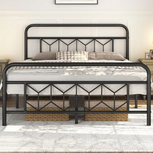 Miniatura 3 de Topeakmart Base de cama Queen con cabecera de estilo vintage, base de colchón, no necesita somier, almacenamiento debajo de la cama, soporte