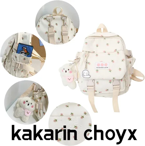 Miniatura 7 de Mochila estética Kawaii con colgante mini mochila para niñas, bonita mochila escolar japonesa, mochila con flores, Negro, S, Kawaii