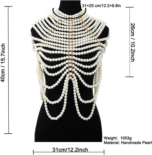 Miniatura 8 de Collar de chal de cadena de cuerpo de perlas, sujetador de perlas, cadena de hombro con cuentas sin espalda, cadenas en el pecho, traje rave
