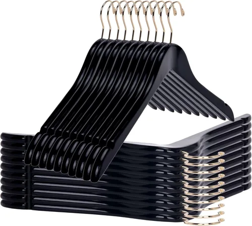 Perchas de madera negra semicurvadas de calidad, paquete de 80 perchas de madera maciza con acabado liso con gancho giratorio, chaqueta, pantalón,