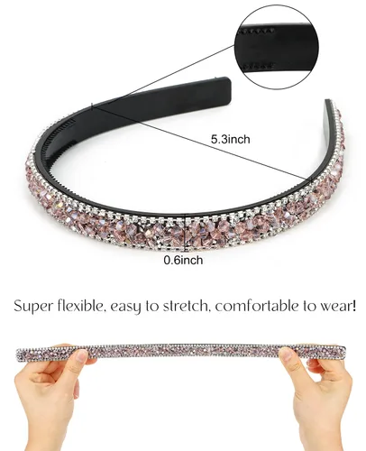 Miniatura 5 de Wecoe Diadema rosa con diamantes de imitación para mujer, diadema de peine con dientes, banda para la cabeza con cuentas brillantes, antideslizante