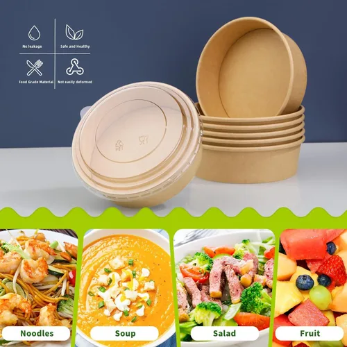 Miniatura 5 de Paquete de 50 cuencos redondos desechables de papel kraft de 17 onzas, recipientes desechables para alimentos con tapas para ensalada dietética