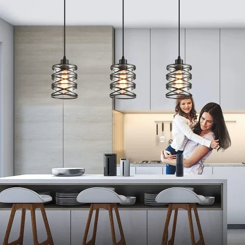 Miniatura 2 de Paquete de 3 Luces Colgantes para Isla de Cocina, Iluminación Colgante para Isla de Cocina, Luz Colgante de Vidrio con Jaula en Espiral, Pantalla