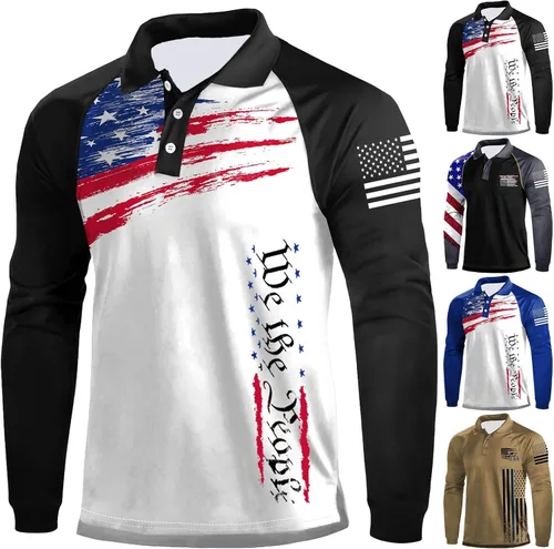 Miniatura 2 de Camisa polo de manga larga con bandera estadounidense para hombre, cuello gráfico patriótico, camiseta de golf, moderna, casual, cuello en V, tops