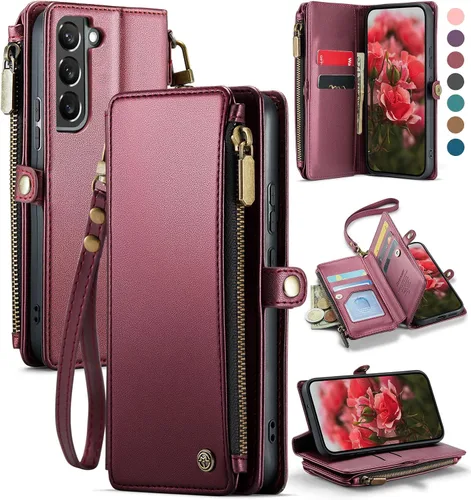 Miniatura 12 de Defencase Funda compatible con Samsung Galaxy S22 5G con tarjetero de bloqueo RFID para mujeres y hombres, correa magnética de piel sintética