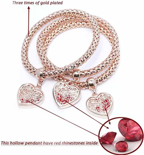 Miniatura 2 de SILANER Pulseras multicapa con dijes de cristal, 3 pulseras de cadena de maíz de oroplataoro rosa para mujer, pulsera elástica en forma de corazón