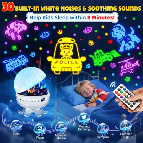 Miniatura 3 de Proyector para cachorros de juguetes para niños, 30 sonidos relajantes+máquina de sonido de 4 diapositivas, proyector de luz nocturna para bebé, 93