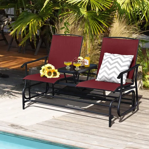 Miniatura 2 de Tangkula Silla mecedora para 2 personas, sofá biplaza mecedora para patio con mesa central de vidrio templado, banco de columpio para exteriores