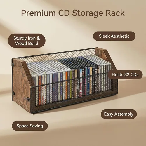 Miniatura 2 de Estante de almacenamiento de CD, organizador de CD de madera con capacidad para 64 CD (32 cada uno), estante retro para CD de escritorio, perfecto