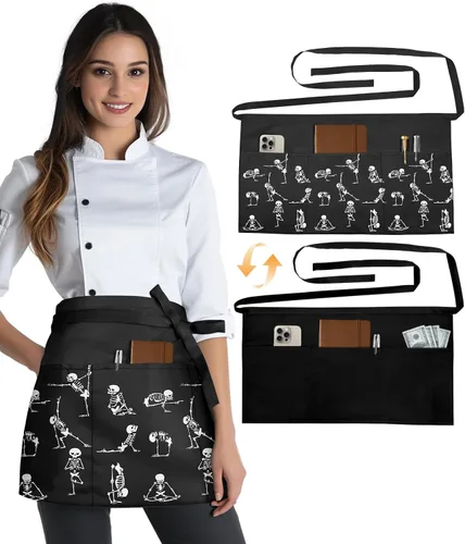 Miniatura 9 de Slohif Delantal Reversible de Servidor con 6 Bolsillos - Delantal de Cintura para Camarera Mujeres Delantal Corto de Media Porción Camarero