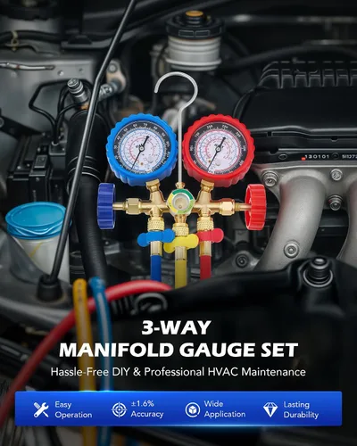 Miniatura 2 de Orion Motor Tech Medidores de CA, juego de manómetros de CA para refrigerante R134a R12 R502, coche de 3 vías con mangueras de 5 pies acopladores