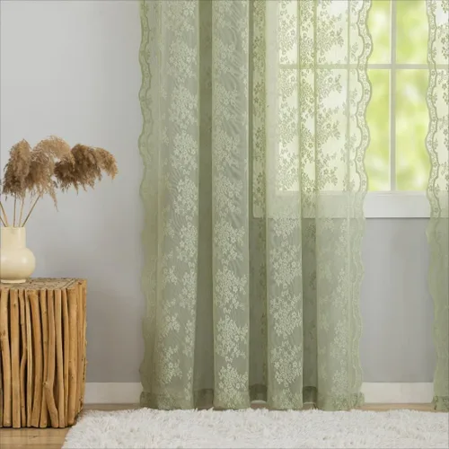 Miniatura 5 de YJ YANJUN Cortinas Transparentes de Encaje Verde de 96 Pulgadas de Largo para Sala de Estar Cortinas de Armario Festoneadas de Época Antigua Verde