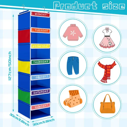 Miniatura 2 de Amylove Organizador semanal de ropa para niños, 2 piezas, con 7 estantes, organizador colgante de armario de 11.8 x 11.8 x 50 pulgadas, actividades