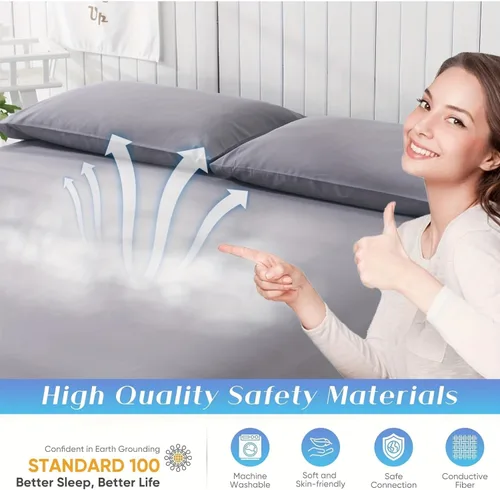Miniatura 6 de Grounding Sheets, 95% algodón orgánico + 5% fibra plateada, sábana bajera ajustable conectada a tierra con cordón de conexión a tierra