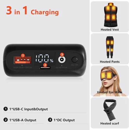 Miniatura 3 de Batería de chaleco térmico de 7.4 V 16000 mAh compatible con ORORO, para TODWARM, para Weamest, batería recargable de 7.4 V/5 V, salida