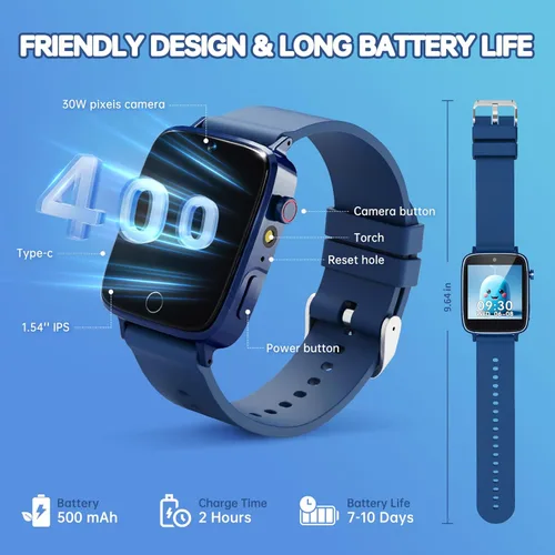 Miniatura 8 de Reloj inteligente para niños con 26 juegos de rompecabezas, reloj para niños con pantalla táctil HD, cámara, reproductor de música, reloj Azul