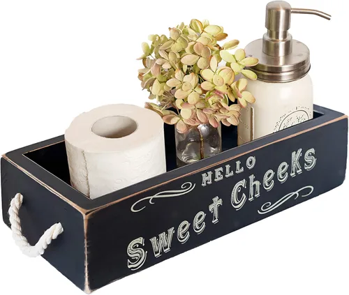 MAINEVENT - Caja de decoración de baño con frase "Hello Sweet Cheeks", una caja con diseño en 2 lados, organizador de baño de estilo granja Blanco