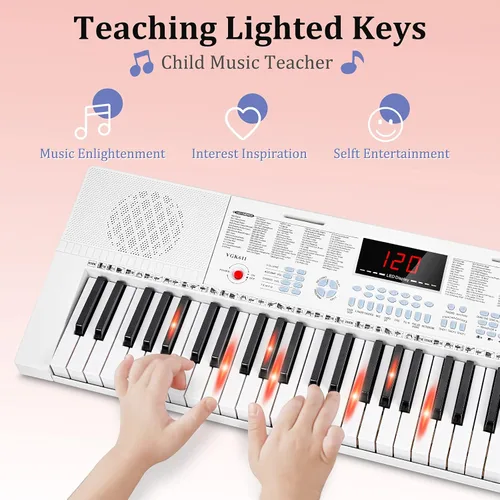 Miniatura 4 de Vangoa VGK611 Teclado Eléctrico para Principiantes, Teclado de Música Portátil de 61 Teclas con Mini Teclas Iluminadas, Piano Electrónico para Blanco