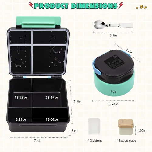 Miniatura 6 de Caja Bento Game para niños, lonchera con termo (tarro de comida de 9 onzas), cuchara plegable, divisor extraíble y taza de salsa, lonchera infantil