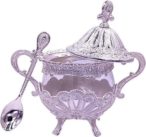 Miniatura 8 de Hourwof Azucarero con tapa y cuchara para cocina, cafetería, fiesta de boda, recipiente de metal y vidrio para azúcar y azúcar en polvo, contenedor