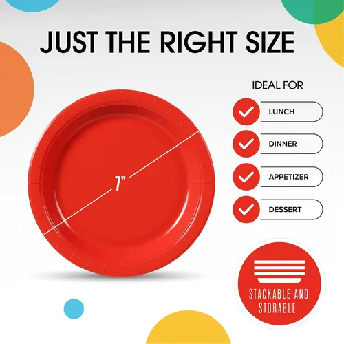 Miniatura 4 de Exquisite Party Solids - Platos desechables de papel rojo de 7 pulgadas, platos desechables rojos para fiestas, 100 unidades, 350 GSM, suministros