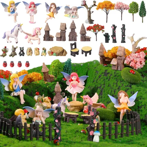 Juego de 58 piezas de jardín en miniatura, diseño de flores, ángel, casa de hadas, animales, árboles, suministros de diorama, mini figuras de
