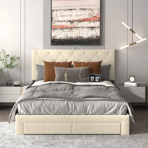 Miniatura 3 de NSdirect Base de cama tamaño Queen con cajón de almacenamiento, base de cama tapizada de terciopelo con 2 cajones de almacenamiento y estación