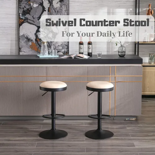 Miniatura 4 de Taburetes de bar sin espalda, taburetes de bar ajustables redondos individuales para encimera de cocina, taburete giratorio de altura de barra, beige